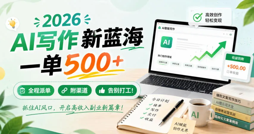 2026 AI写作新蓝海,一单500+,全程派单,附渠道,告别打工!【揭秘】-副业吧