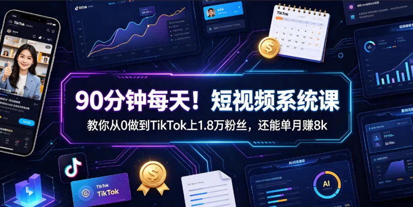 90分钟每天!短视频系统课教你从0做到TikTok上1.8万粉丝,还能单月賺8k【原创双语字幕】-副业吧
