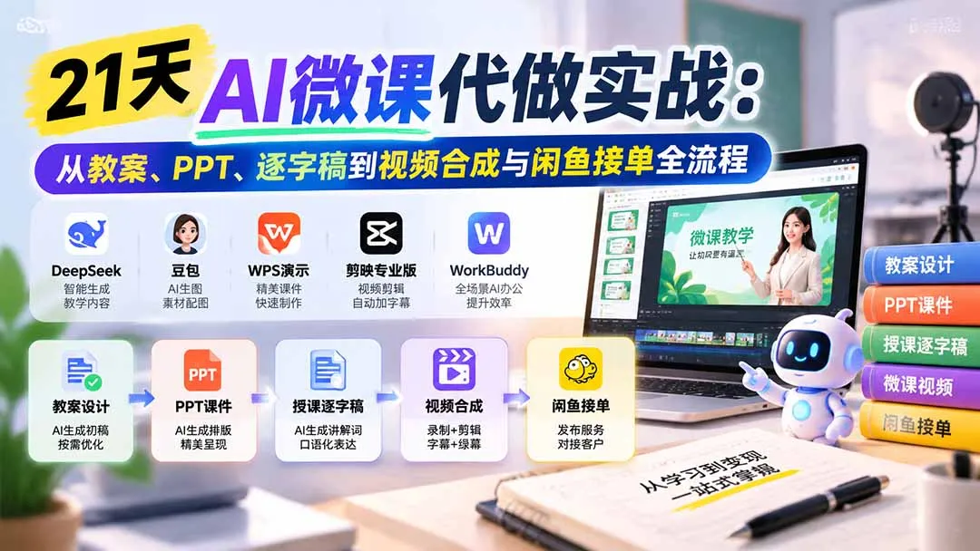 21天AI微课代做实战：从教案、PPT、逐字稿到视频合成与闲鱼接单全流程-副业吧