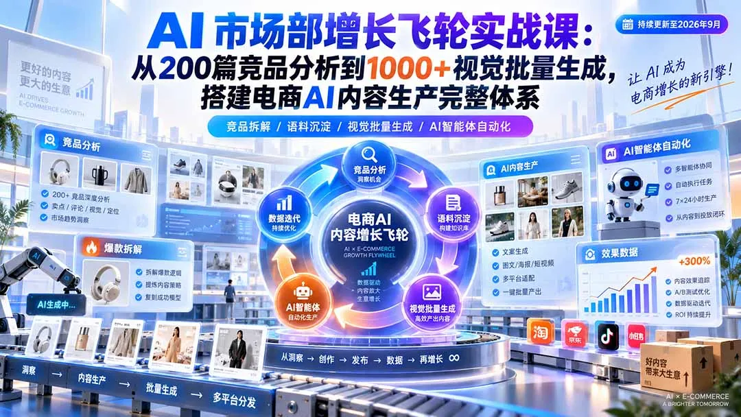 AI 市场部增长飞轮实战课:从200篇竞品分析到1000+视觉批量生成,搭建电商AI内容生产完整体系-副业吧