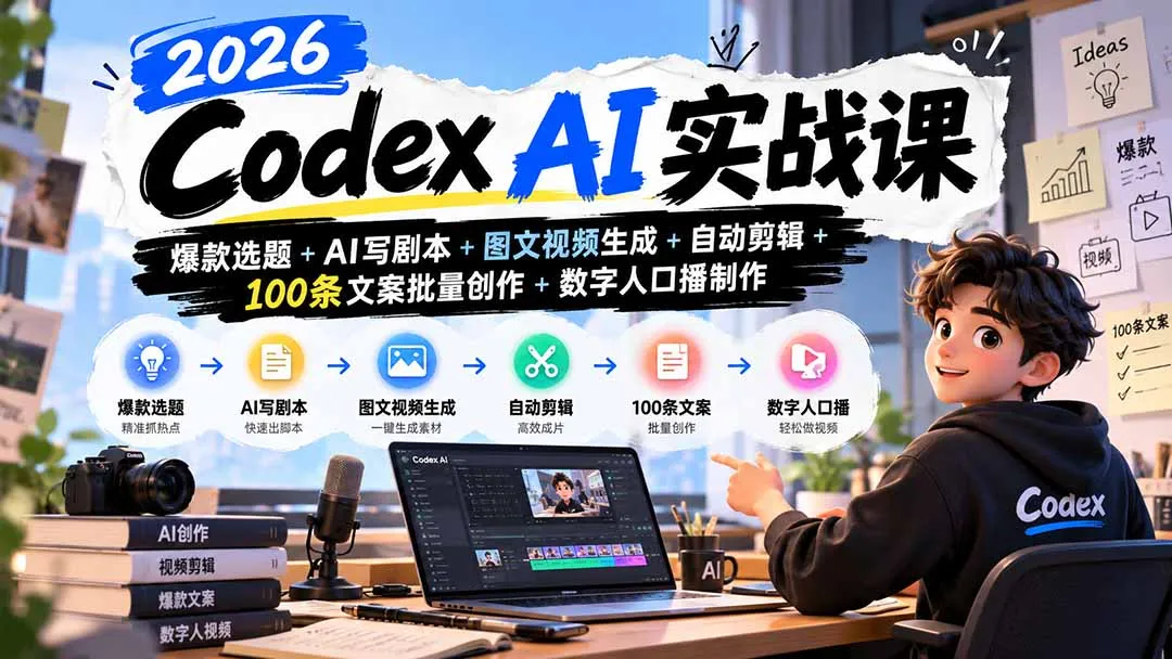2026Codex AI实战课:爆款选题+AI写剧本+图文视频生成+自动剪辑+100条文案批量创作+数字人口播制作-副业吧
