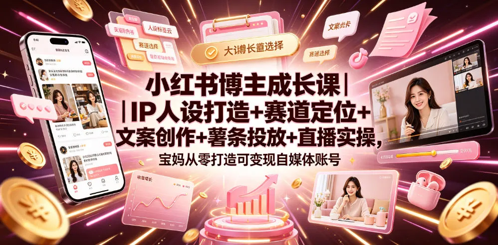 小红书博主成长课｜IP人设打造+赛道定位+文案创作+薯条投放+直播实操，宝妈从零打造可变现自媒体账号-副业吧