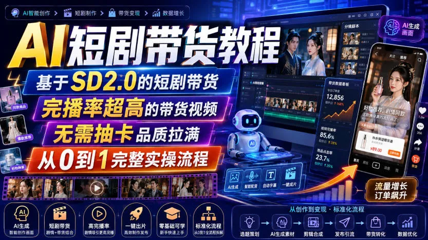 AI短剧带货教程,基于SD2.0的短剧带货,完播率超高的带货视频,无需抽卡品质拉满,从0到1完整实操流程-副业吧
