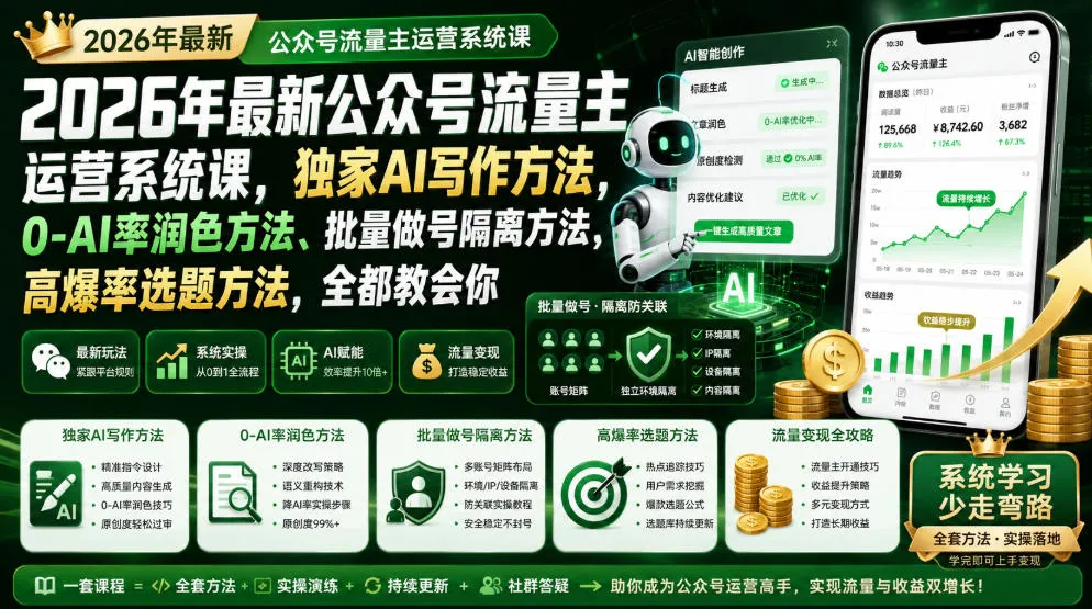 2026年最新公众号流量主运营系统课，独家AI写作方法，0-AI率润色方法、批量做号隔离方法、高爆率选题方法，全都教会你(更新1009)-副业吧