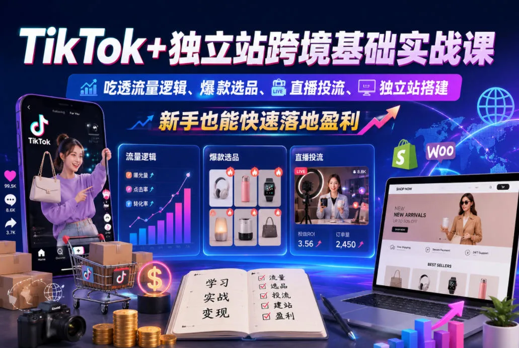 TikTok+独立站跨境基础实战课,吃透流量逻辑、爆款选品、直播投流与独立站搭建,新手也能快速落地盈利-副业吧
