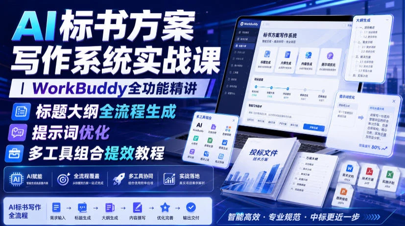 【精】AI标书方案写作系统实战课|WorkBuddy全功能精讲・标题大纲全流程生成・提示词优化・多工具组合提效教程-副业吧