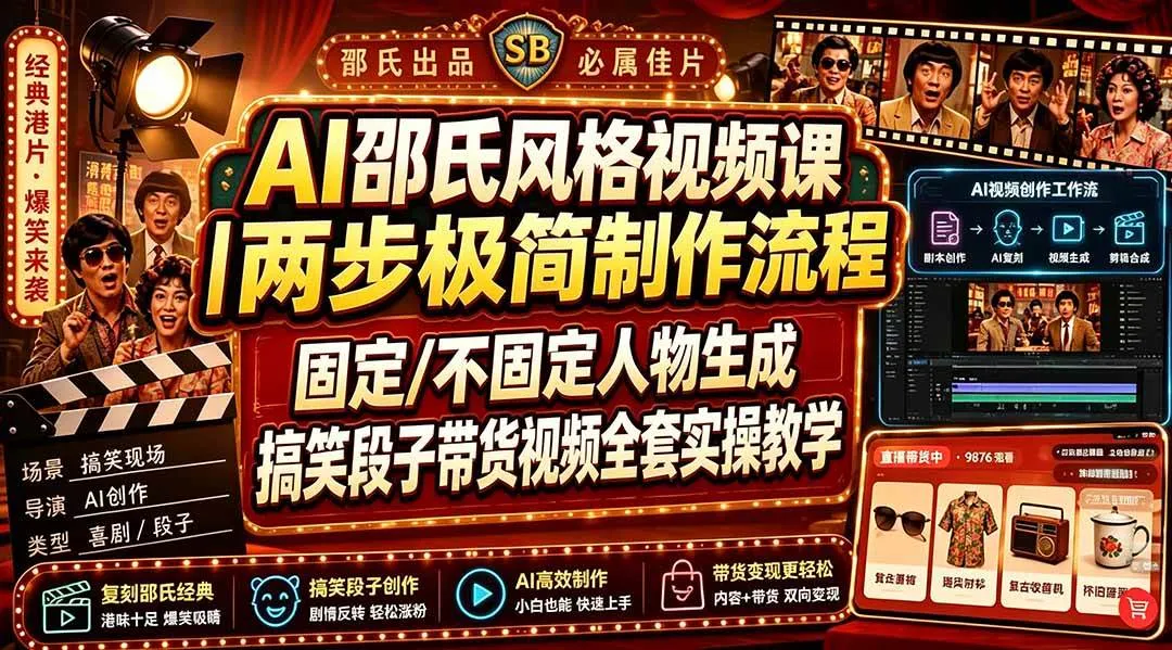 (19602期)AI邵氏风格视频课|两步极简制作流程,固定/不固定人物生成,搞笑段子带货视频全套实操教学-副业吧 (19602期)AI邵氏风格视频课|两步极简制作流程,固定/不固定人物生成,搞笑段子带货视频全套实操教学-副业吧