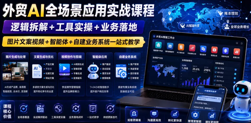 外贸AI全场景应用实战课程｜逻辑拆解+工具实操+业务落地，图片文案视频+智能体+自建业务系统一站式教学-副业吧