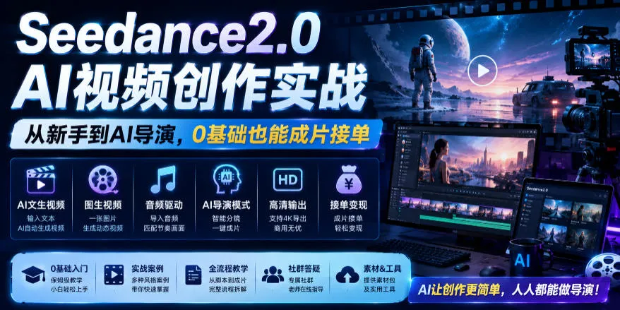 Seedance2.0 AI视频创作实战,从新手到AI导演,0基础也能成片接单变现-副业吧