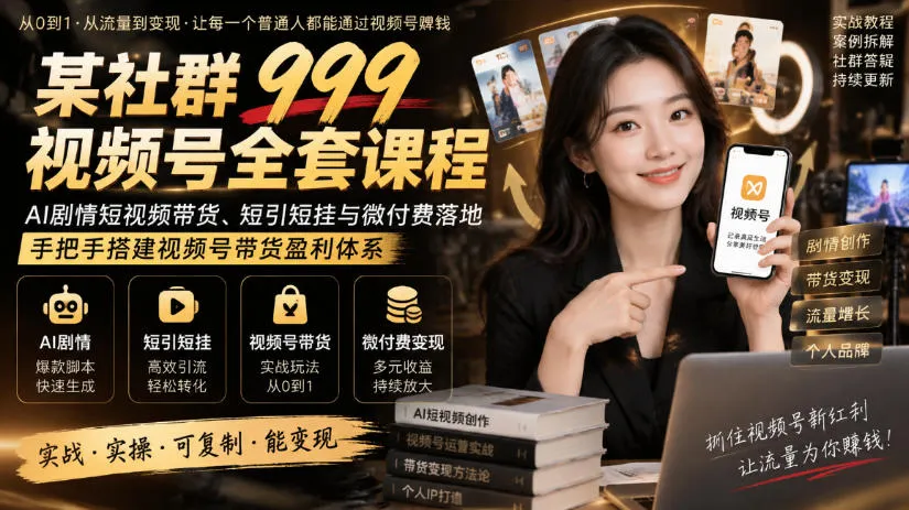 某社群999视频号全套课程，AI剧情短视频带货、短引短挂与微付费落地，手把手搭建视频号带货盈利体系-副业吧