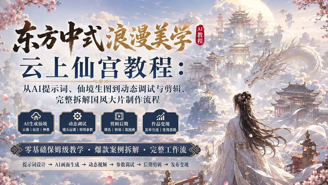 东方中式浪漫美学云上仙宫教程:从AI提示词、仙境生图到动态调试与剪辑,完整拆解国风大片制作流程-副业吧