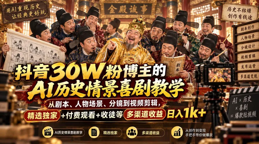 抖音30W粉博主的AI历史情景喜剧教学,从剧本、人物场景、分镜到视频剪辑,精选独家+付费观看+收徒等多渠道收益日入1k+-副业吧