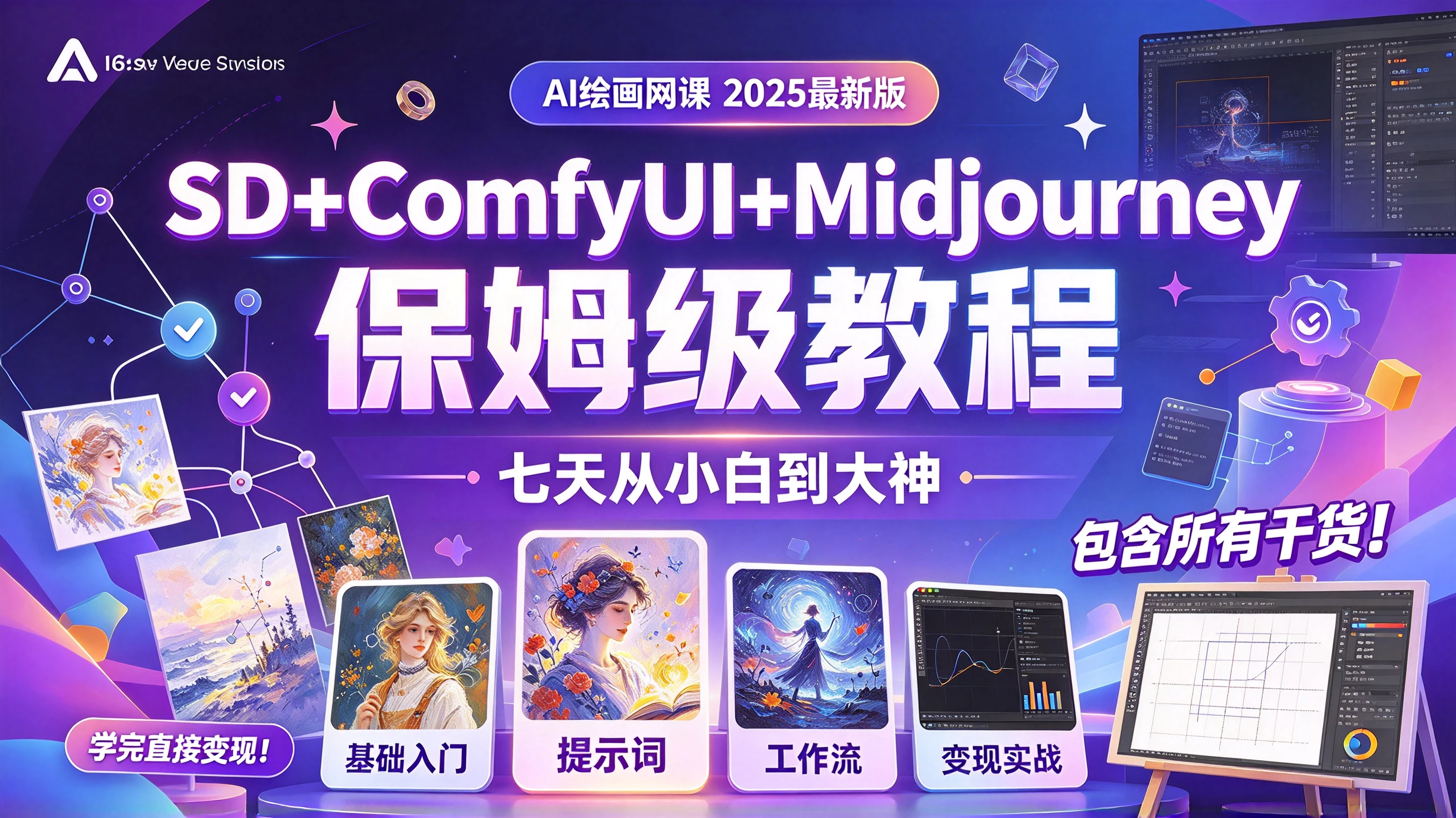 【精】AI绘画网课SD+ComfyUI+Midjourney保姆级教程,2025最新版!包含所有干货!七天就能从小白到大神!学完直接变现!-副业吧