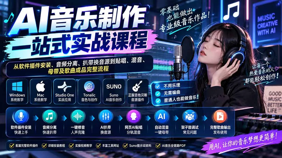 AI音乐制作一站式实战课程:从软件插件安装、音频分离、扒带换音源到贴唱、混音、母带及歌曲成品完整流程-副业吧