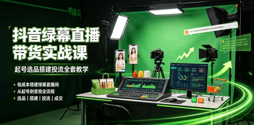 某社群抖音绿幕直播带货实战课，起号选品搭建投流全套教学，低成本搭建绿幕直播间-副业吧
