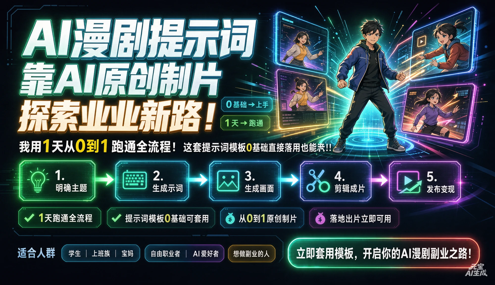 【精】AI漫剧.提示词靠AI原创制片探索副业新路!我用1天从0到1跑通全流程,这套提示词模板0基础直接套用也能落地出片!!-副业吧