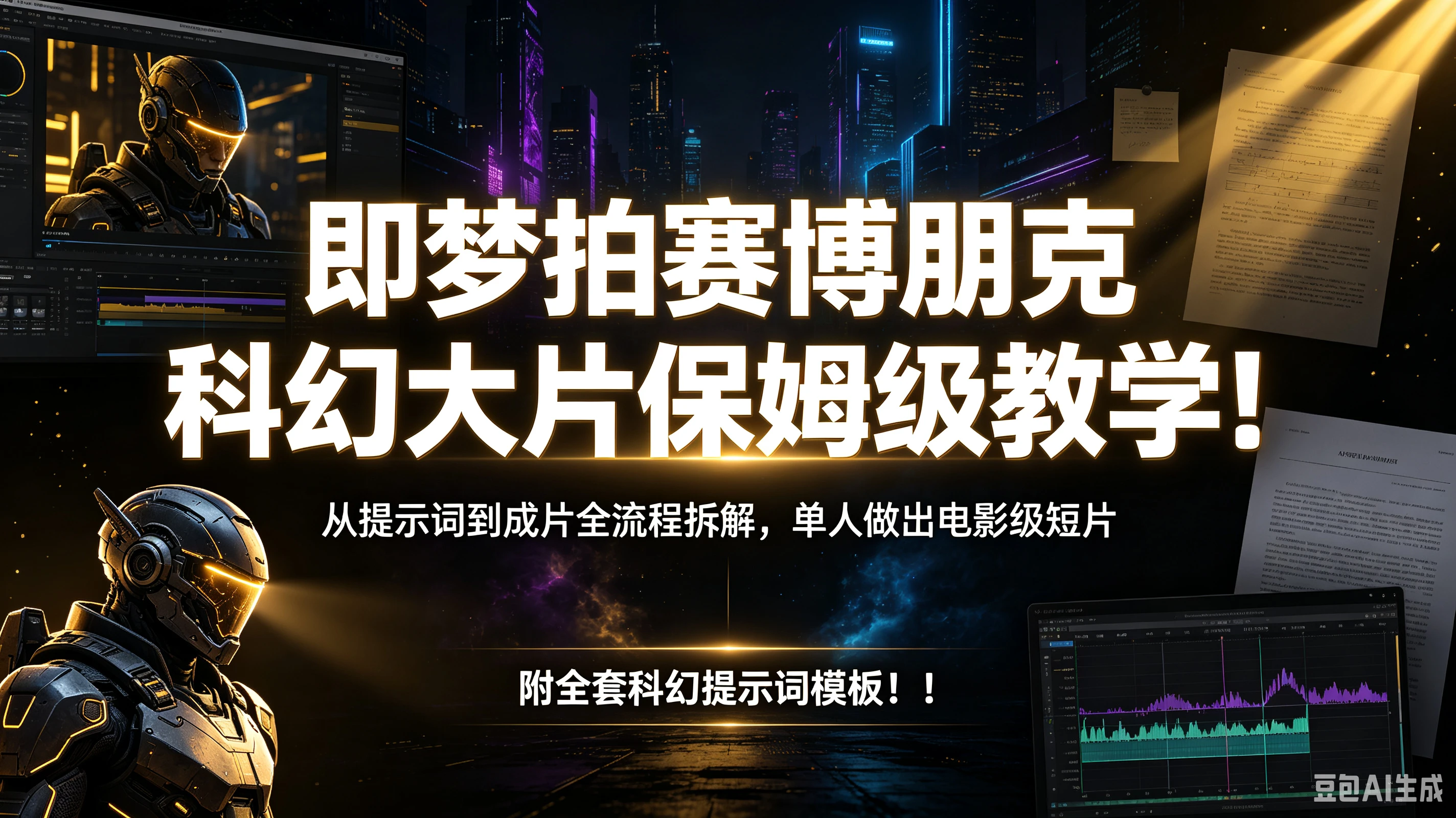 【精】即梦拍赛博朋克科幻大片保姆级教学!从提示词到成片全流程拆解,单人做出电影级短片,附全套科幻提示词模板!!-副业吧