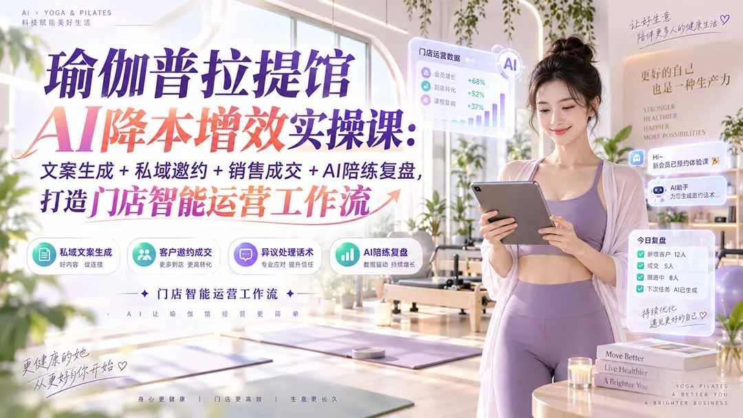 瑜伽普拉提馆AI降本增效实操课:文案生成+私域邀约+销售成交+AI陪练复盘,打造门店智能运营工作流-副业吧