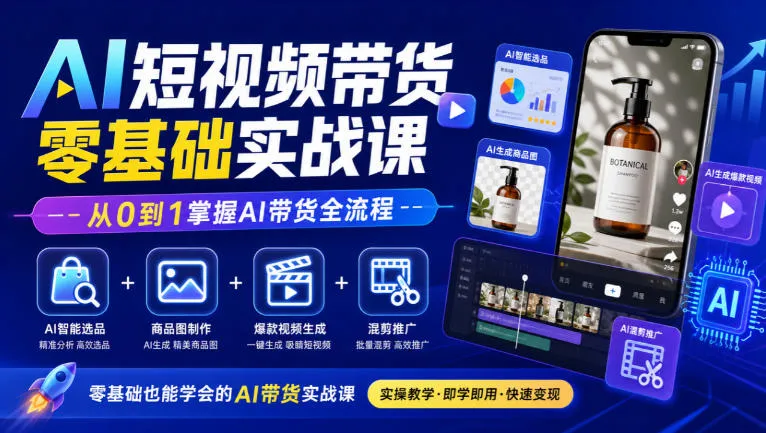 AI短视频带货零基础实战课|AI智能选品+商品图制作+爆款视频生成+混剪推广,从0到1掌握AI带货全流程-副业吧