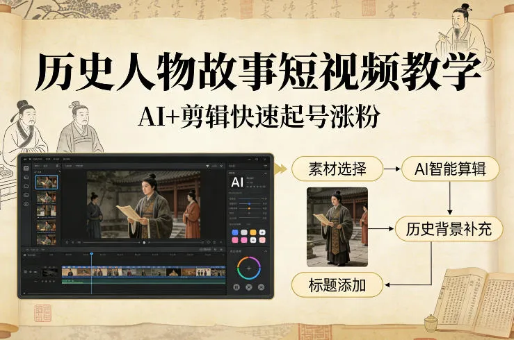 历史人物故事短视频教学，AI+剪辑制作历史人物题材短视频，快速起号涨粉-副业吧