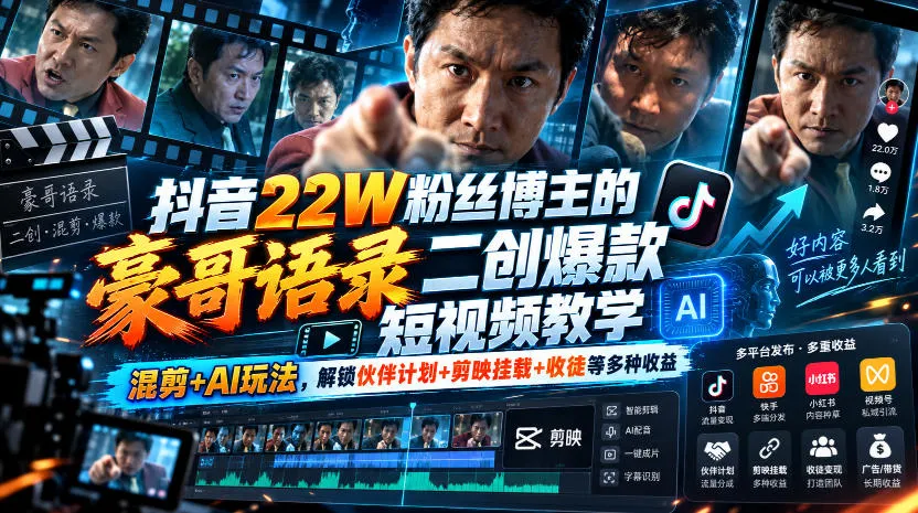 【精】抖音22W粉丝博主的豪哥语录二创爆款短视频教学,混剪+AI玩法-副业吧