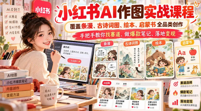 小红书AI作图实战课程,覆盖条漫、古诗词图、绘本、启蒙书全品类创作,手把手教你找赛道、做爆款笔记、落地变现(更新1009)-副业吧