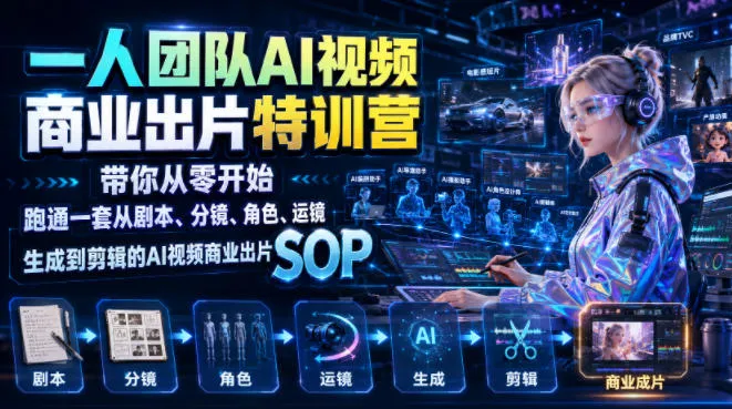 一人团队AI视频商业出片实战课:带你从零开始跑通一套从剧本、分镜、角色、运镜、生成到剪辑的AI视频商业出片SOP-副业吧