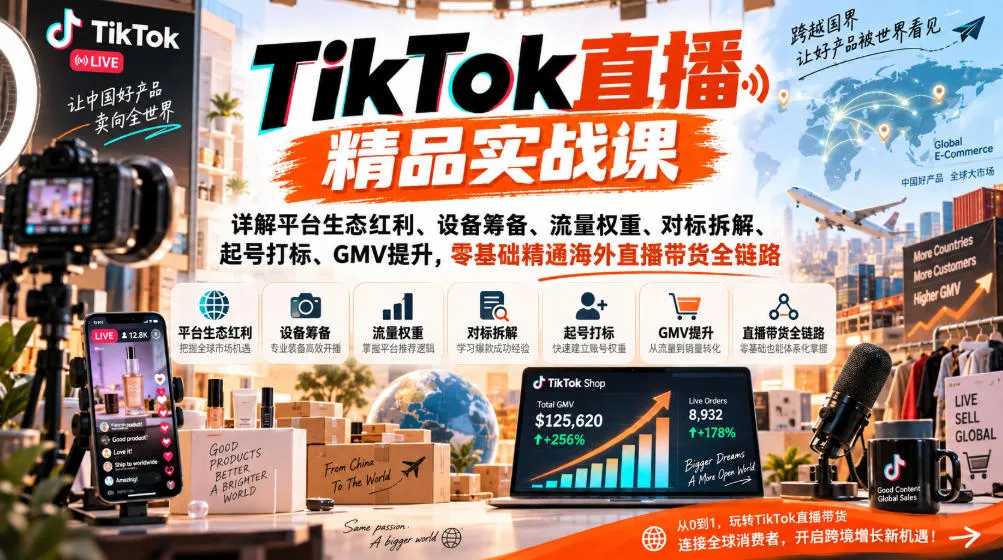 TikTok直播精品实战课,详解平台生态红利、设备筹备、流量权重、对标拆解、起号打标、GMV提升,零基础精通海外直播带货全链路-副业吧