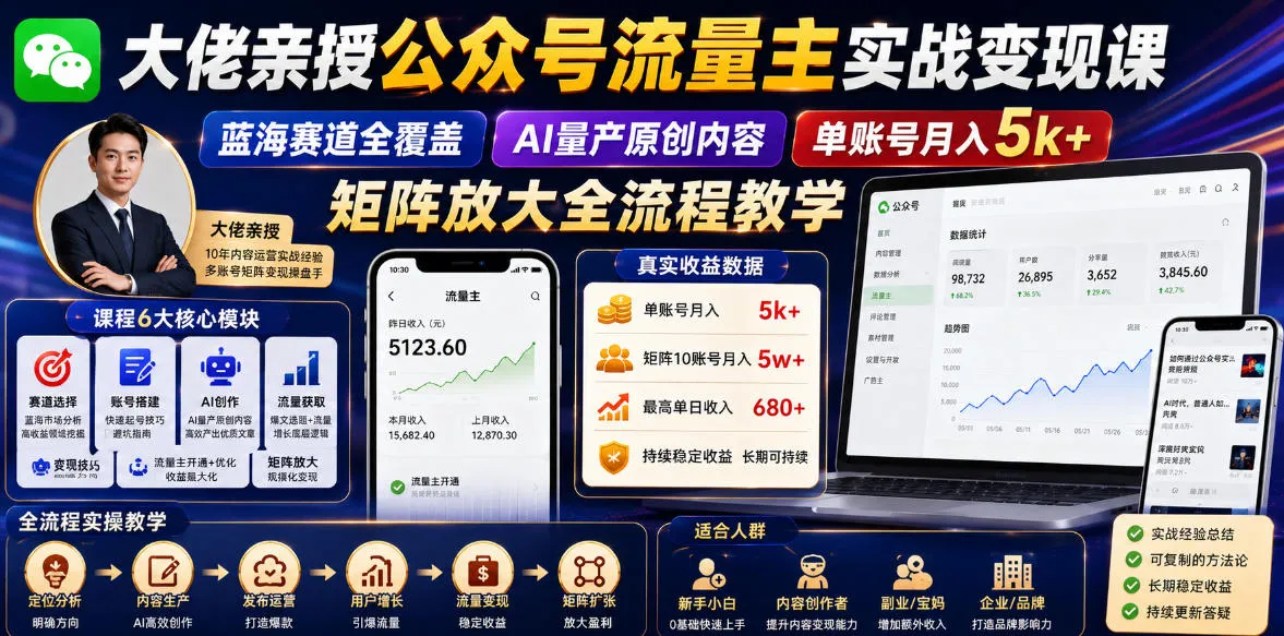 大佬亲授公众号流量主实战变现课,蓝海赛道全覆盖,AI量产原创内容,单账号月入5k+矩阵放大全流程教学-副业吧