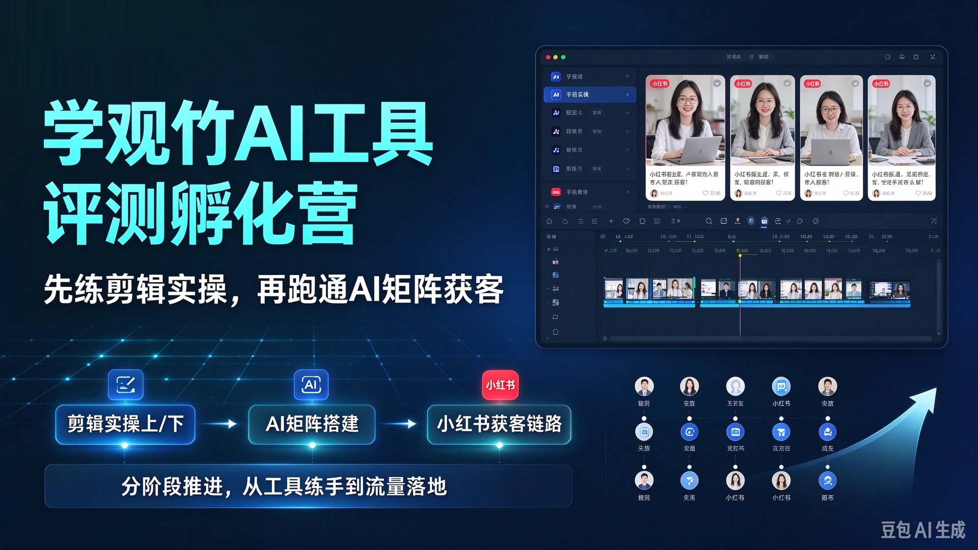 【精】学观竹AI工具评测孵化营第二期, 先练剪辑实操上/下, 再走AI矩阵小红书获客链路, 分阶段推进-副业吧