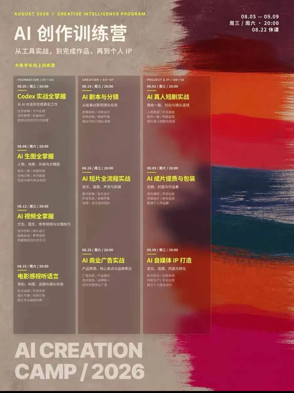 AI+创作训练营26年8月第5期：从Codex、AI生图视频到剧本分镜与电影感短片，跑通个人IP商业闭环-副业吧