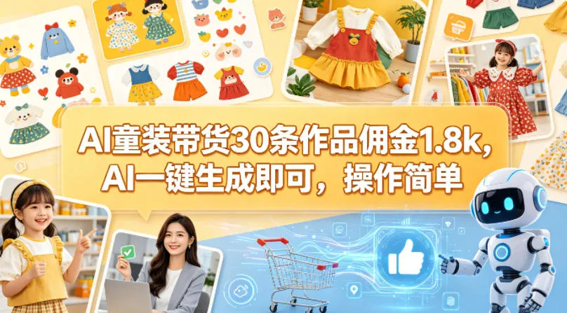 AI童装带货30条作品佣金1.8k，AI一键生成即可，操作简单-副业吧