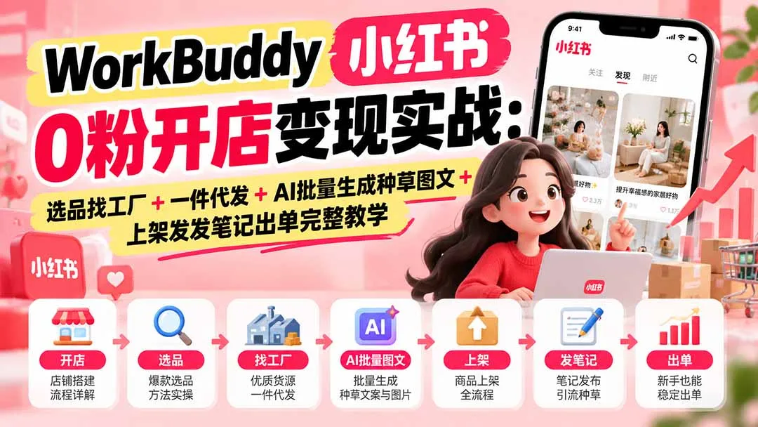 WorkBuddy小红书0粉开店变现实战:选品找工厂+一件代发+AI批量生成种草图文+上架发发笔记出单完整教学-副业吧