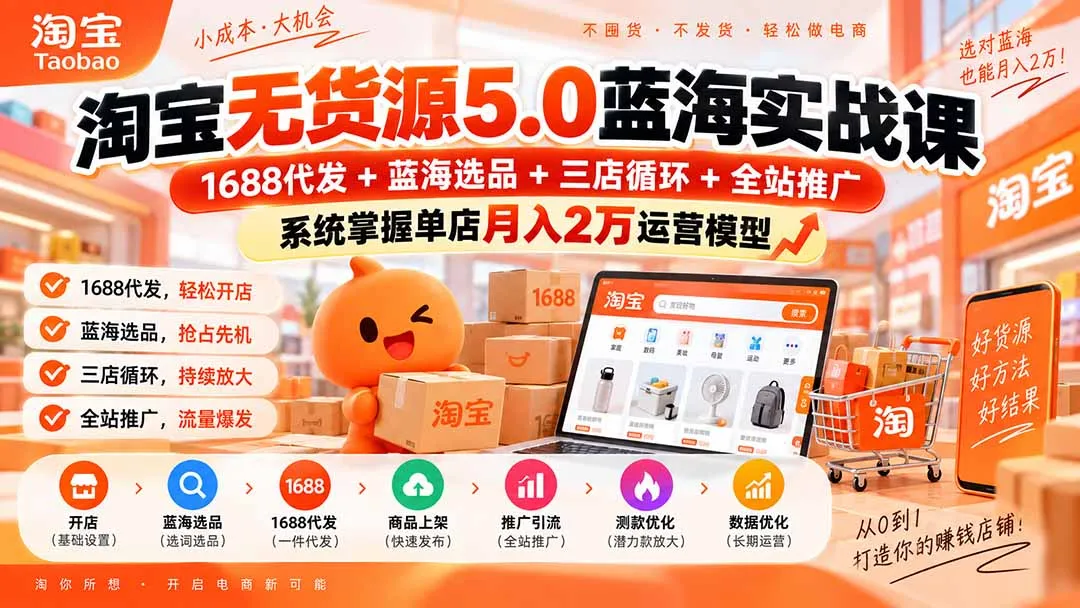 淘宝无货源5.0蓝海实战课-更新0927：1688代发+蓝海选品+三店循环+全站推广，系统掌握单店月入2万运营模型-副业吧
