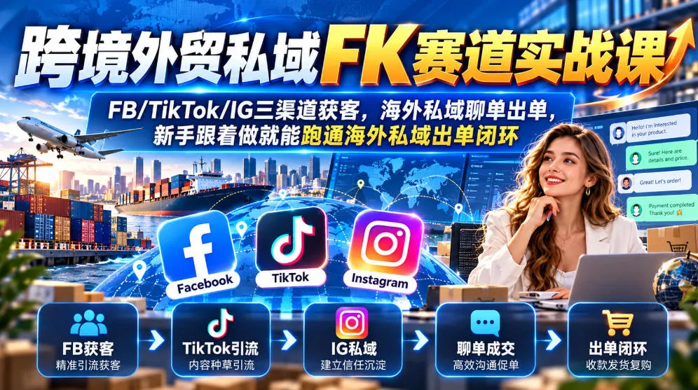 跨境外贸私域FK赛道实战课｜FB/TikTok/IG三渠道获客，海外私域聊单出单，新手跟着做就能跑通海外私域出单闭环-副业吧