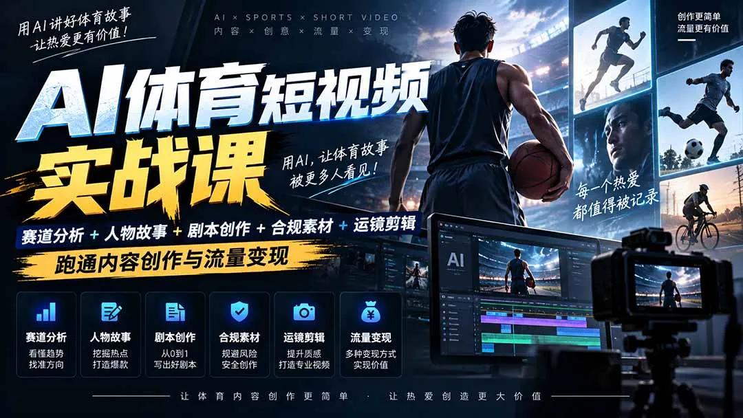 AI体育短视频赛道顶级玩法|赛道分析+人物故事+剧本创作+版权处理+运镜剪辑,跑通流量变现-日赚1K+-副业吧
