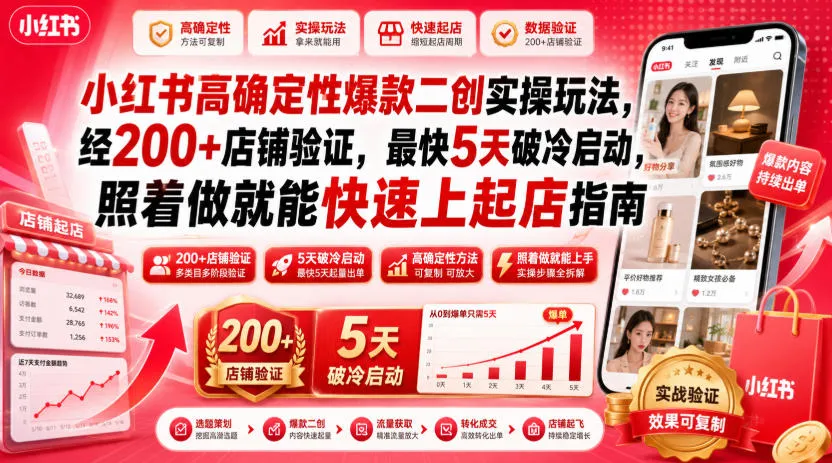小红书高确定性爆款二创实操玩法,经200+店铺验证,最快5天破冷启动,照着做就能快速上起店指南-副业吧