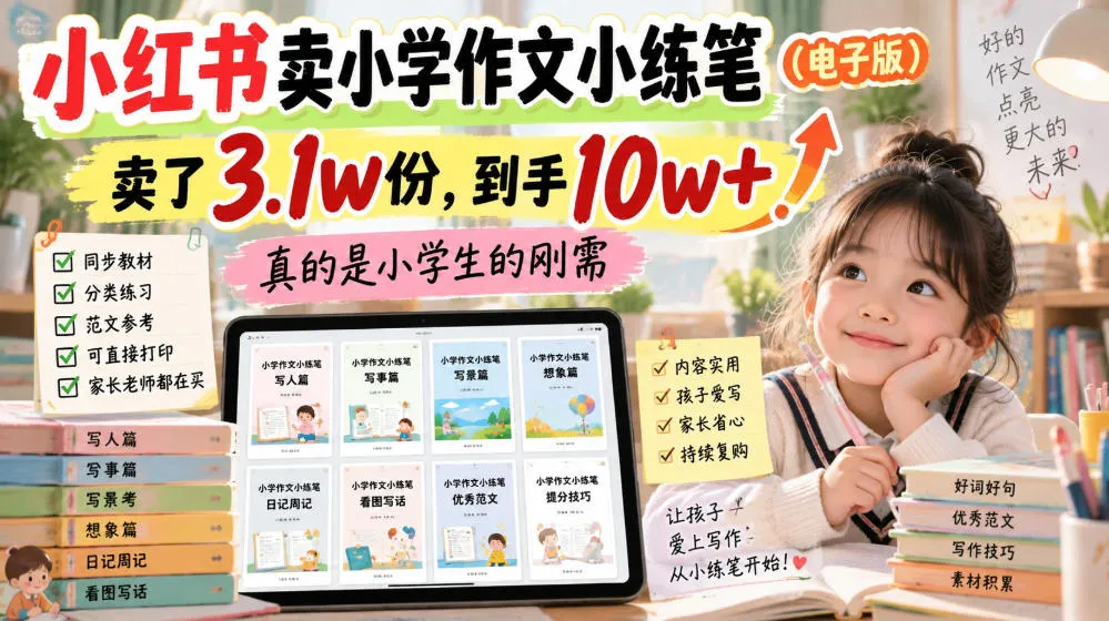 小红书卖小学作文小练笔(电子版),卖了3.1w份,到手10w+,真的是小学生的刚需-副业吧