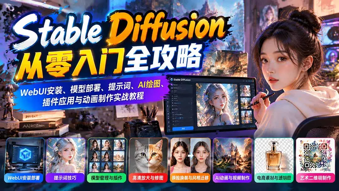 Stable Diffusion从零入门全攻略：WebUI安装、模型部署、提示词、AI绘图、插件应用与动画制作实战教程-副业吧