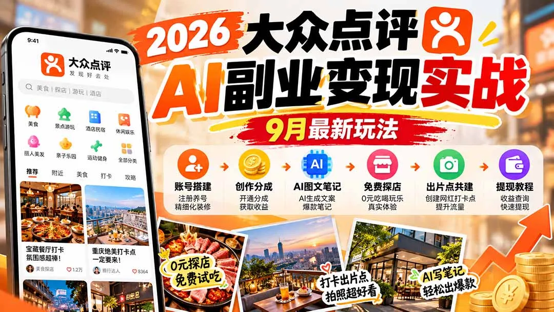 2026大众点评AI副业变现实战9月最新玩法：账号搭建+创作分成+AI图文笔记+免费探店+出片点共建与提现教程-副业吧