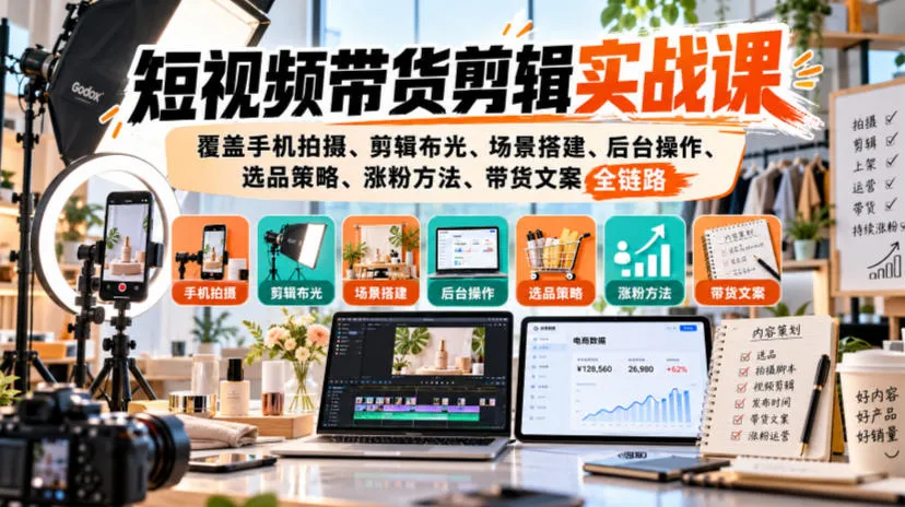 短视频带货剪辑实战课，覆盖手机拍摄、剪辑布光、场景搭建、后台操作、选品策略、涨粉方法、带货文案全链路-副业吧
