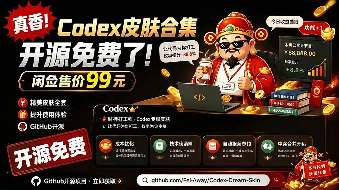 （19432期）闲鱼售卖99元的Codex皮肤包，GitHub 免费开源了！让你的codex变成精美界面 Codex Dream Skin-副业吧