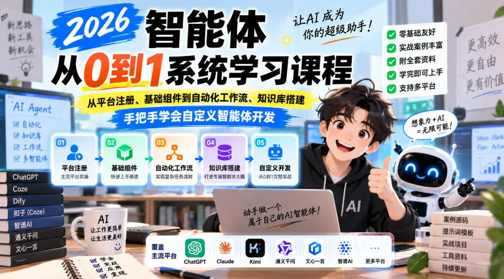 2026智能体从0到1系统学习课程,从平台注册、基础组件到自动化工作流、知识库搭建,手把手学会自定义智能体开发-副业吧