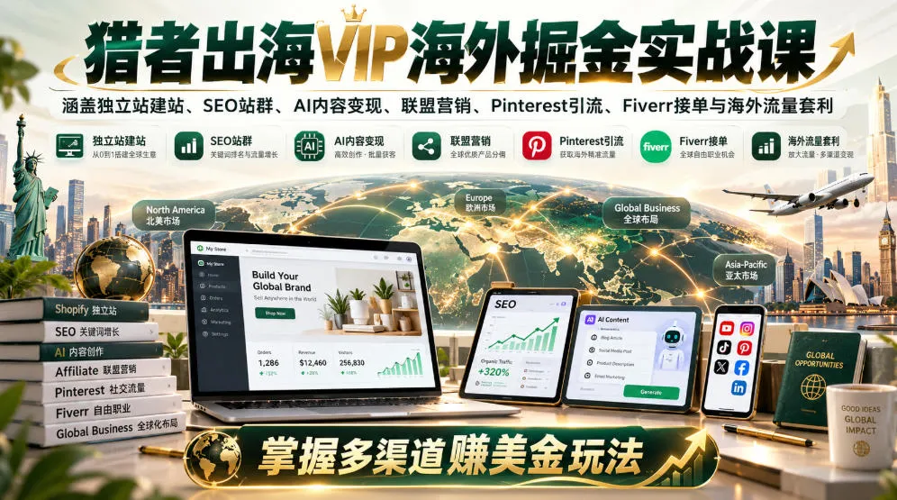 猎者出海VIP海外掘金实战课：涵盖独立站、SEO站群、AI变现、联盟营销、Pinterest引流、Fiverr接单与海外流量套利，掌握多渠道賺美金玩法-副业吧