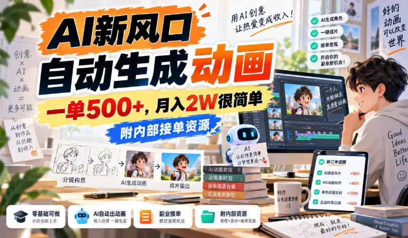 AI新风口,自动生成动画,一单500+,月入2W很简单,附内部接单资源【揭秘】-副业吧