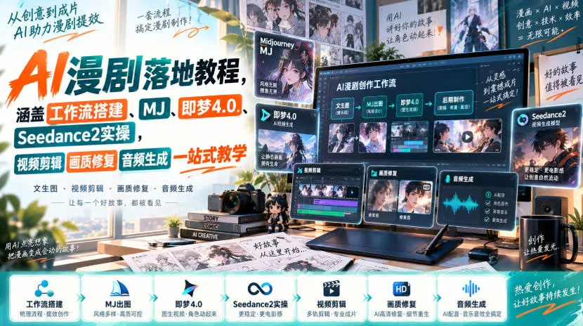 AI漫剧落地教程，涵盖工作流搭建、MJ、即梦4.0、Seedance2实操，视频剪辑画质修复音频生成一站式教学-副业吧
