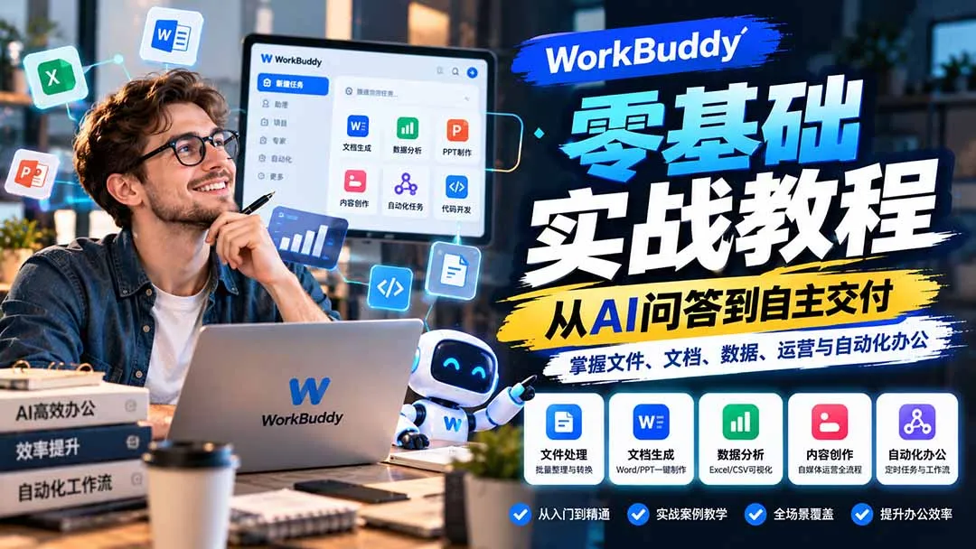 WorkBuddy零基础实战教程：从AI问答到自主交付，掌握文件、文档、数据、运营与自动化办公-副业吧