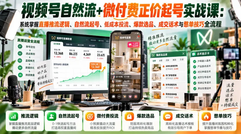 视频号自然流+微付费正价起号实战课:系统掌握直播推流逻辑、自然流起号、低成本投流、爆款选品、成交话术与憋单技巧全流程-副业吧