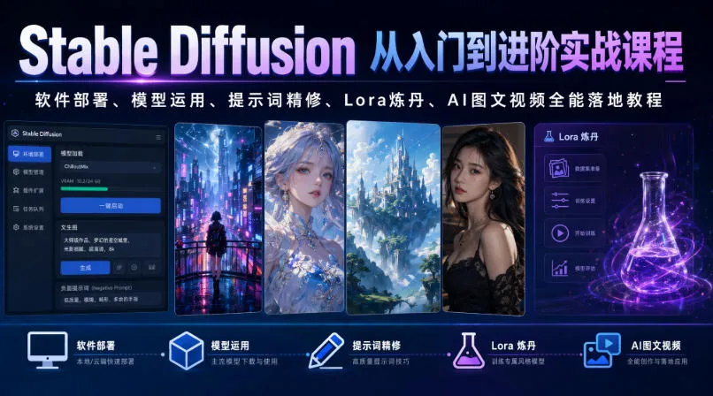 Stable Diffusion从入门到进阶实战课程|软件部署、模型运用、提示词精修、Lora炼丹、AI图文视频全能落地教程-副业吧