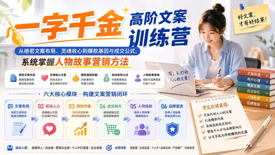 一字千金高阶文案训练营:从绝密文案布局、灵魂收心到爆款基因与成交公式,系统掌握人物故事营销方法-副业吧
